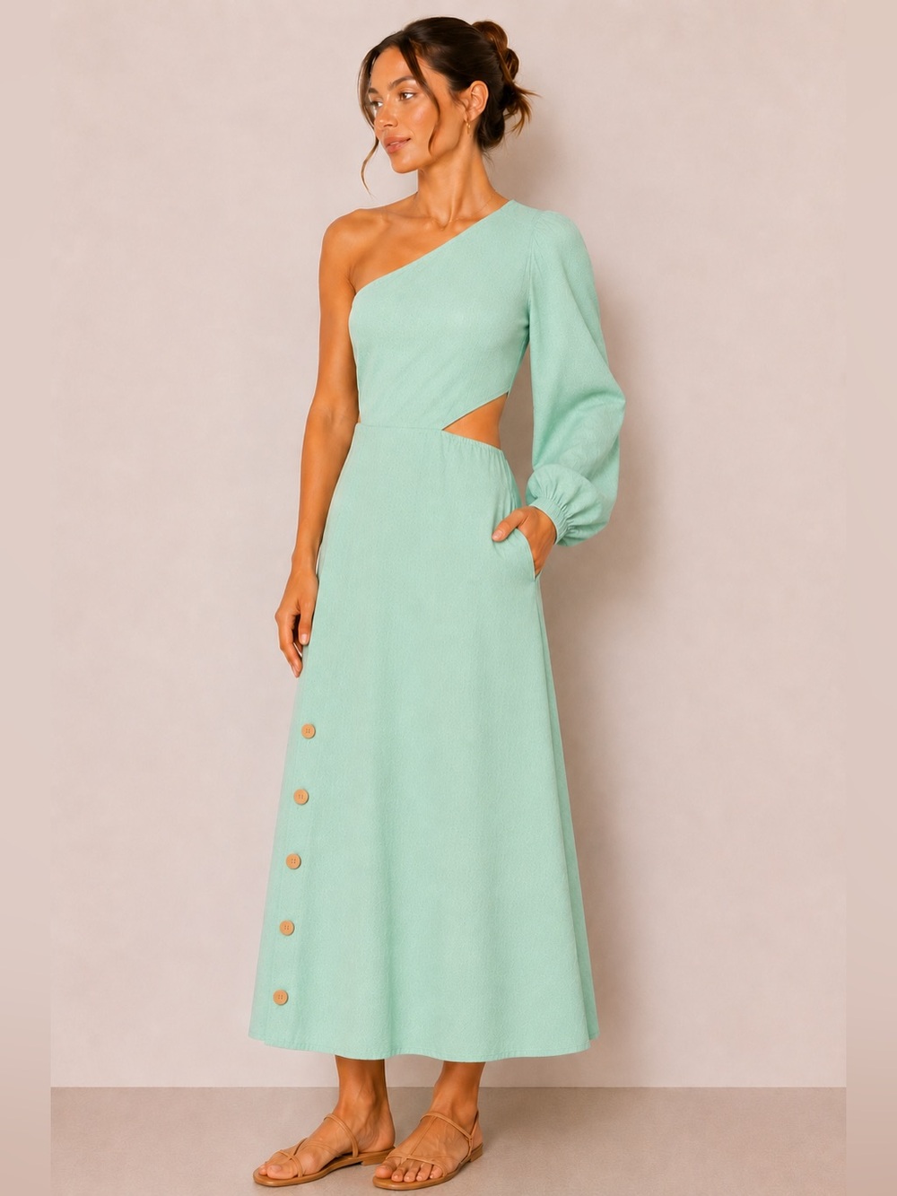 Urban Outfitters One-Shoulder Cutout Midi Dress in Sage Green